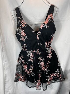 Crystal Doll Black Mini Dress with Pink and Silver Floral Embroidery
